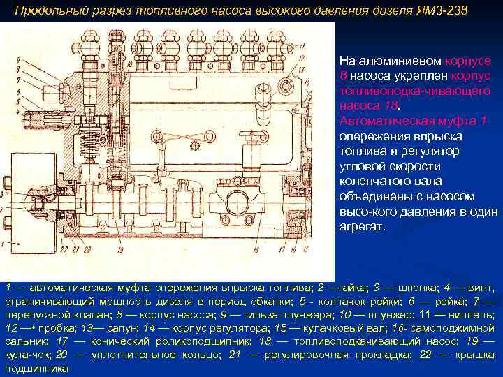 Продольный разрез топливного насоса высокого давления дизеля ЯМ 3 -238 На алюминиевом корпусе 8