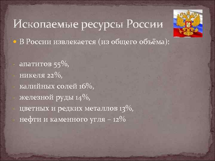 Ископаемые ресурсы России В России извлекается (из общего объёма): - апатитов 55%, - никеля