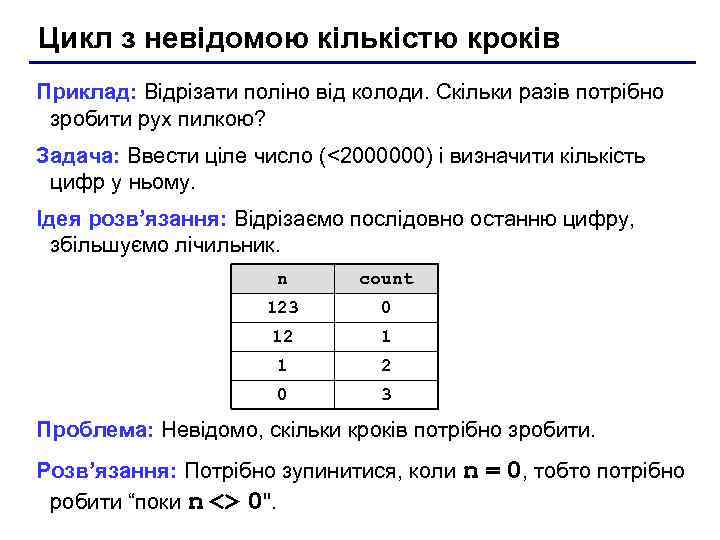 Цикл з невідомою кількістю кроків Приклад: Відрізати поліно від колоди. Скільки разів потрібно зробити