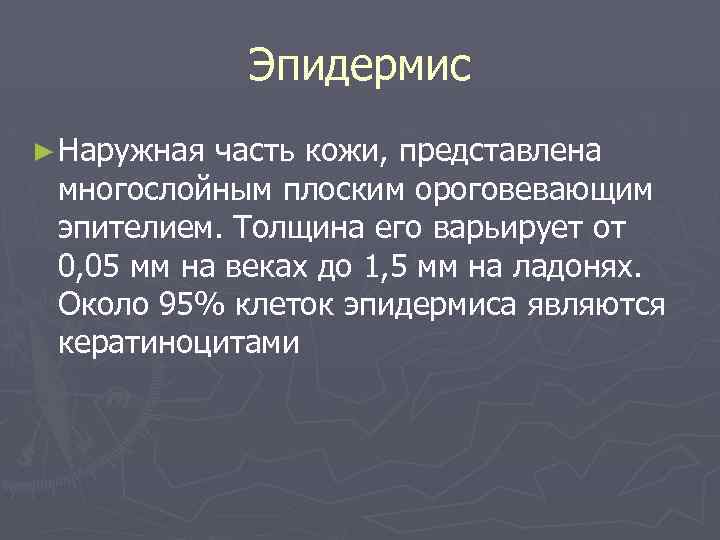 Эпидермис ► Наружная часть кожи, представлена многослойным плоским ороговевающим эпителием. Толщина его варьирует от