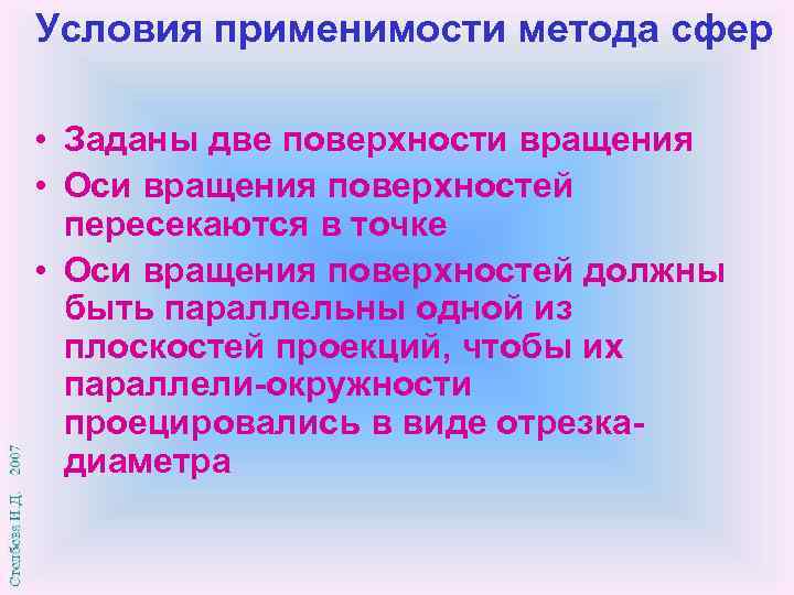 Условия применимости метода сфер • Заданы две поверхности вращения • Оси вращения поверхностей пересекаются