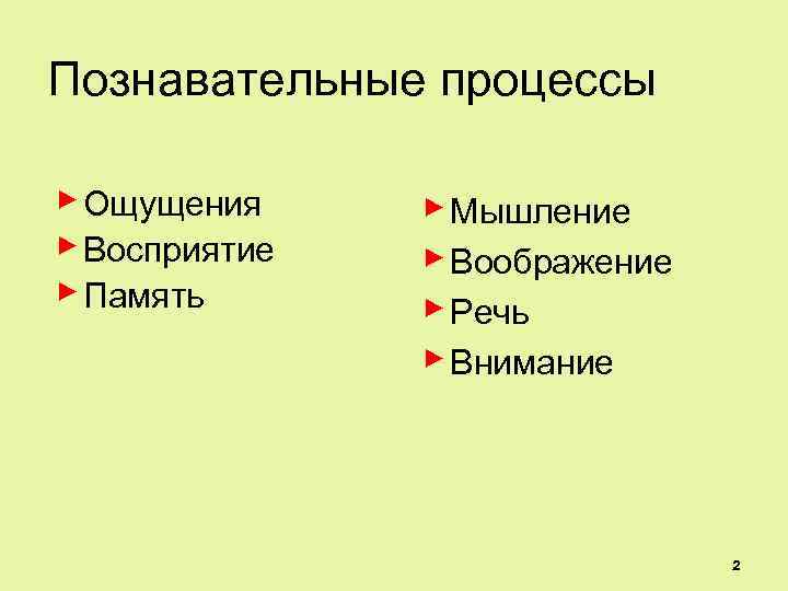 Познавательные процессы ▶ Ощущения ▶ Восприятие ▶ Память ▶ Мышление ▶ Воображение ▶ Речь