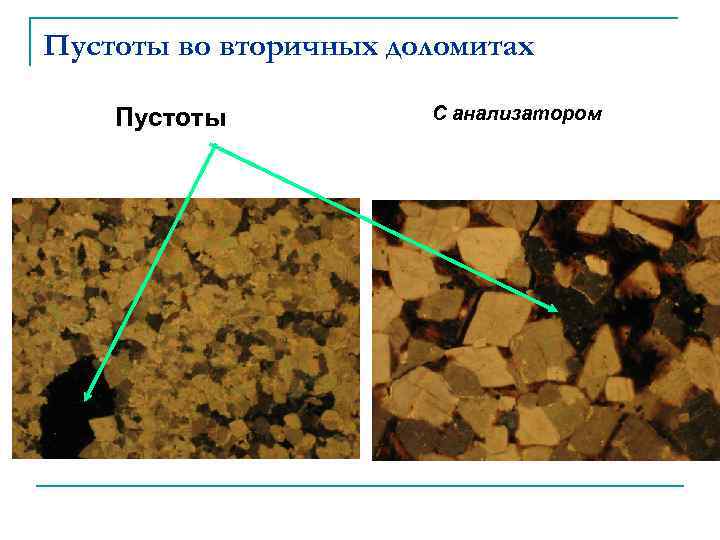 Пустоты во вторичных доломитах Пустоты С анализатором 