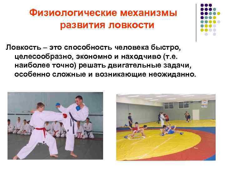 Физиологические механизмы развития ловкости Ловкость – это способность человека быстро, целесообразно, экономно и находчиво