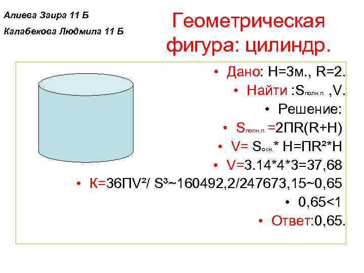 Алиева Заира 11 Б Калабекова Людмила 11 Б Геометрическая фигура: цилиндр. • Дано: H=3