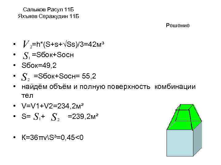 Салыков Расул 11 Б Яхъяев Серажудин 11 Б Решение • =h*(S+s+√Ss)/3=42 м³ • =Sбок+Sосн
