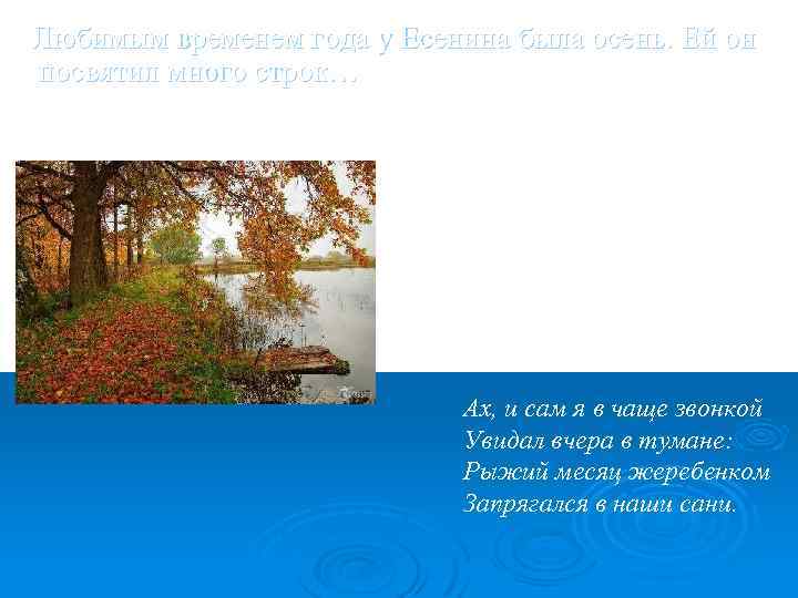 Любимым временем года у Есенина была осень. Ей он посвятил много строк… Нивы сжаты,