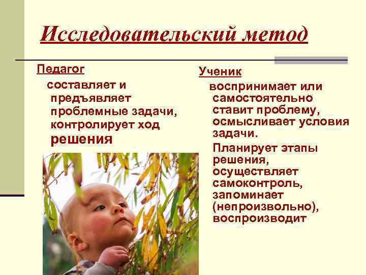 Исследовательский метод Педагог составляет и предъявляет проблемные задачи, контролирует ход решения Ученик воспринимает или