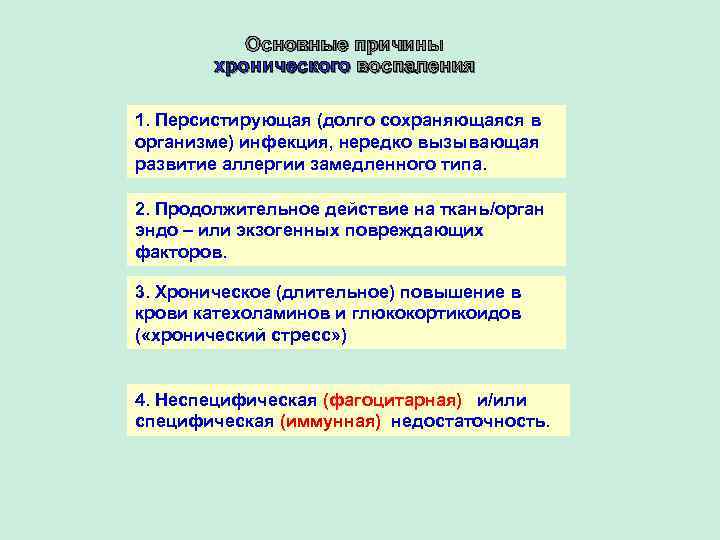Основные причины хронического воспаления 1. Персистирующая (долго сохраняющаяся в организме) инфекция, нередко вызывающая развитие