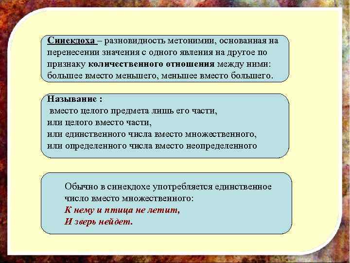 Синекдоха – разновидность метонимии, основанная на перенесении значения с одного явления на другое по
