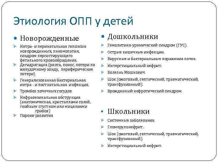 Этиология ОПП у детей Новорожденные Дошкольники Ø Интра- и перинатальная гипоксия Ø Гемолитико-уремический синдром