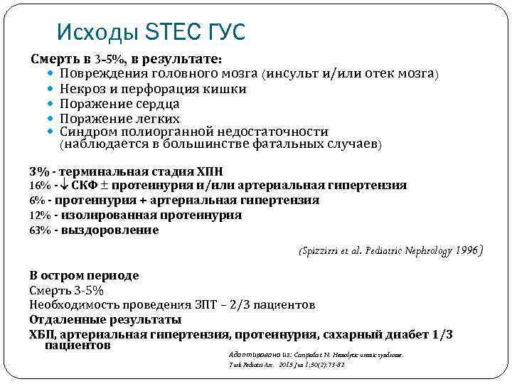 Исходы STEC ГУС Смерть в 3 -5%, в результате: Повреждения головного мозга (инсульт и/или