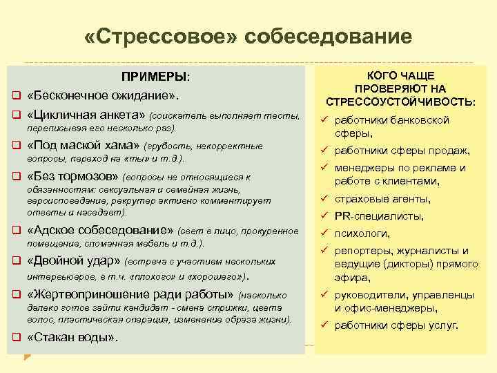  «Стрессовое» собеседование ПРИМЕРЫ: q «Бесконечное ожидание» . q «Цикличная анкета» (соискатель выполняет тесты,
