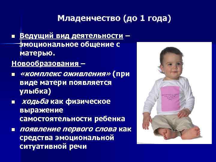 Младенчество (до 1 года) Ведущий вид деятельности – эмоциональное общение с матерью. Новообразования –