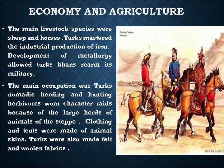 ECONOMY AND AGRICULTURE • The main livestock species were sheep and horses. Turks mastered