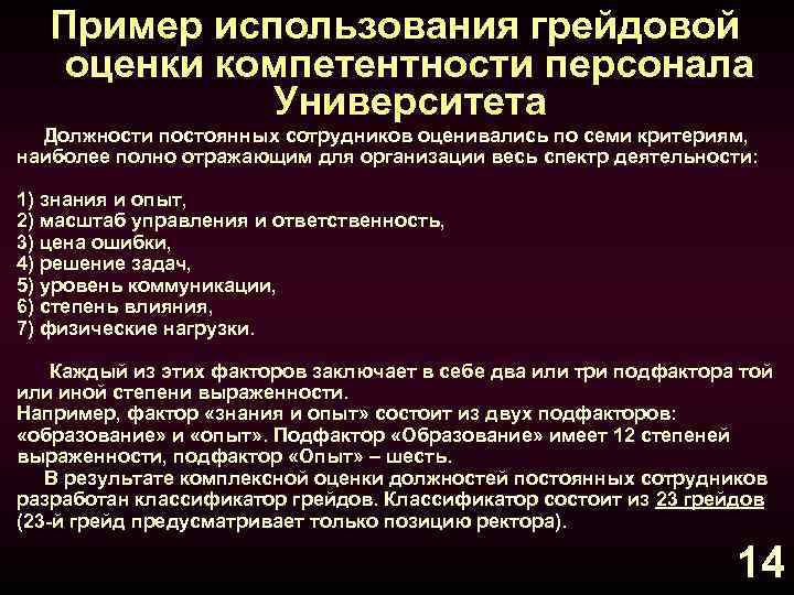 Пример использования грейдовой оценки компетентности персонала Университета Должности постоянных сотрудников оценивались по семи критериям,