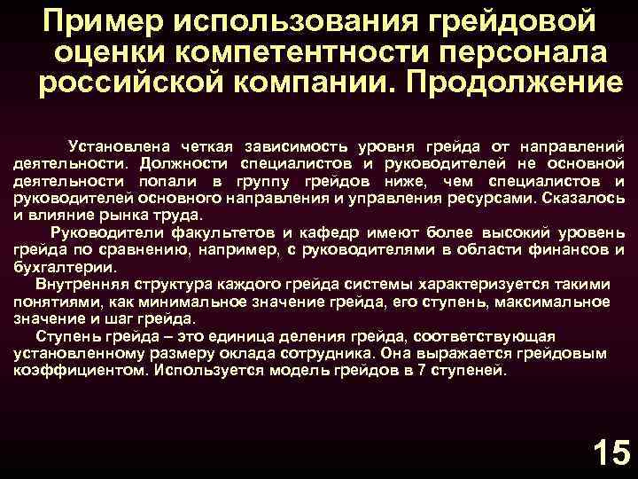Пример использования грейдовой оценки компетентности персонала российской компании. Продолжение Установлена четкая зависимость уровня грейда