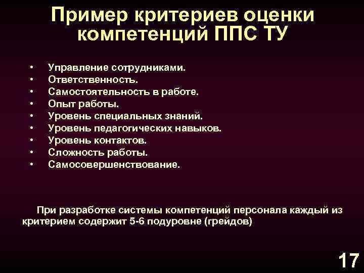Пример критериев оценки компетенций ППС ТУ • • • Управление сотрудниками. Ответственность. Самостоятельность в
