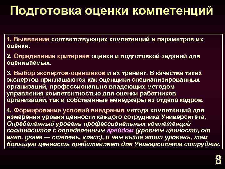 Подготовка оценки компетенций 1. Выявление соответствующих компетенций и параметров их оценки. 2. Определение критериев