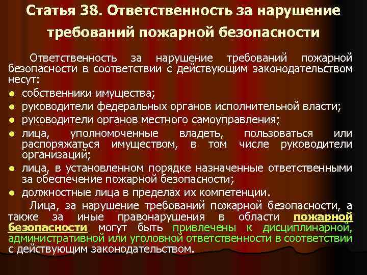 Статья 38. Ответственность за нарушение требований пожарной безопасности в соответствии с действующим законодательством несут: