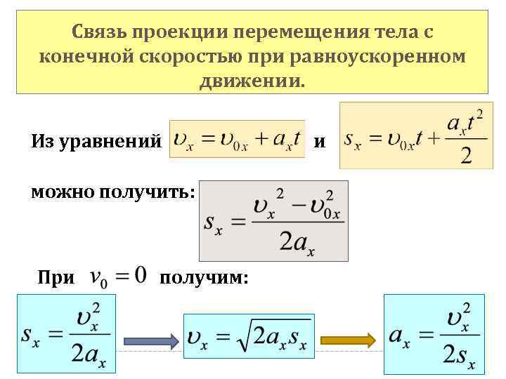 Связь проекции перемещения тела с конечной скоростью при равноускоренном движении. Из уравнений можно получить: