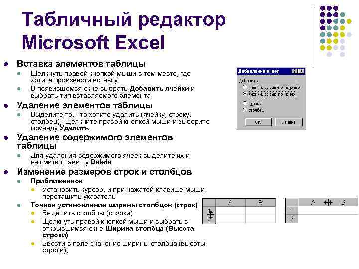 Табличный редактор Microsoft Excel l Вставка элементов таблицы l l l Удаление элементов таблицы