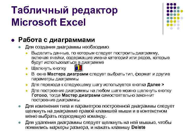 Табличный редактор Microsoft Excel l Работа с диаграммами l Для создания диаграммы необходимо l