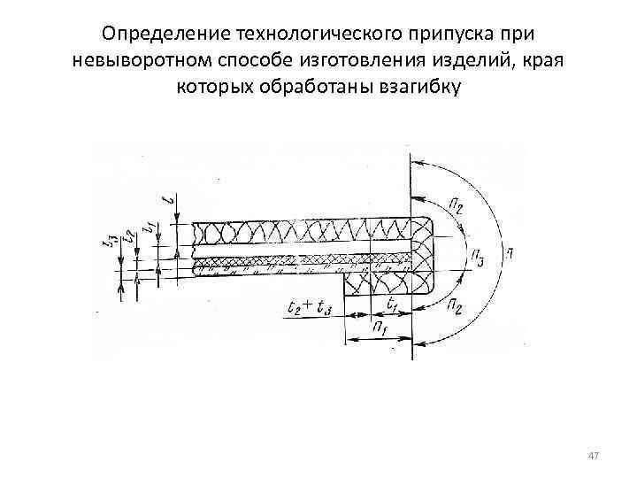 Определение технологического припуска при невыворотном способе изготовления изделий, края которых обработаны взагибку 47 