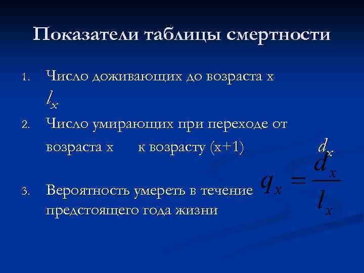 Показатели таблицы смертности 1. Число доживающих до возраста х lx 2. 3. Число умирающих