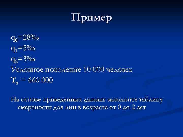 Пример q 0=28‰ q 1=5‰ q 2=3‰ Условное поколение 10 000 человек Тх =