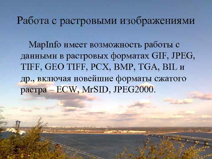 Работа с растровыми изображениями Map. Info имеет возможность работы с данными в растровых форматах