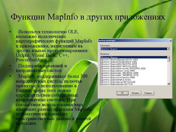 Функции Map. Info в других приложениях • Используя технологию OLE, возможно подключение картографических функций