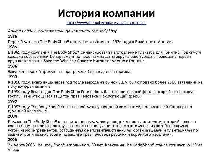 История компании http: //www. thebodyshop. ru/values-campaigns Анита Роддик -основательница компании The Body Shop. 1976