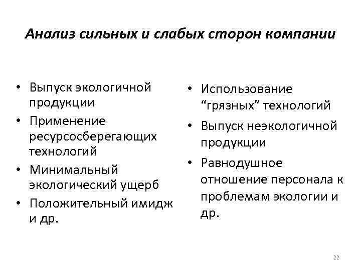 Анализ сильных и слабых сторон компании • Выпуск экологичной • Использование продукции “грязных” технологий