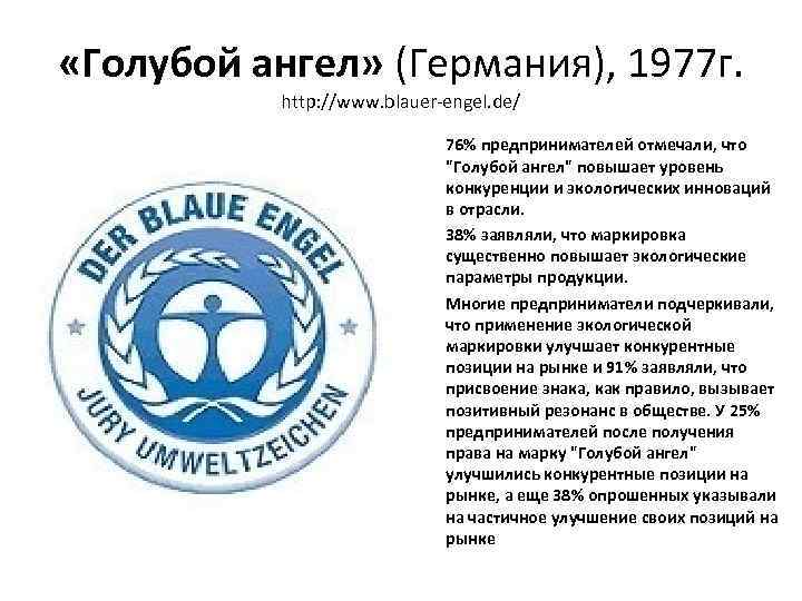  «Голубой ангел» (Германия), 1977 г. http: //www. blauer-engel. de/ • • • 76%