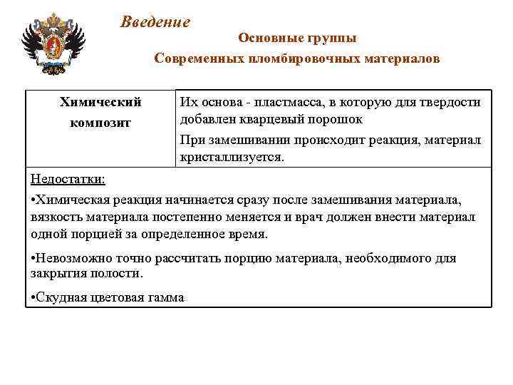 Введение Основные группы Современных пломбировочных материалов Химический композит Их основа - пластмасса, в которую