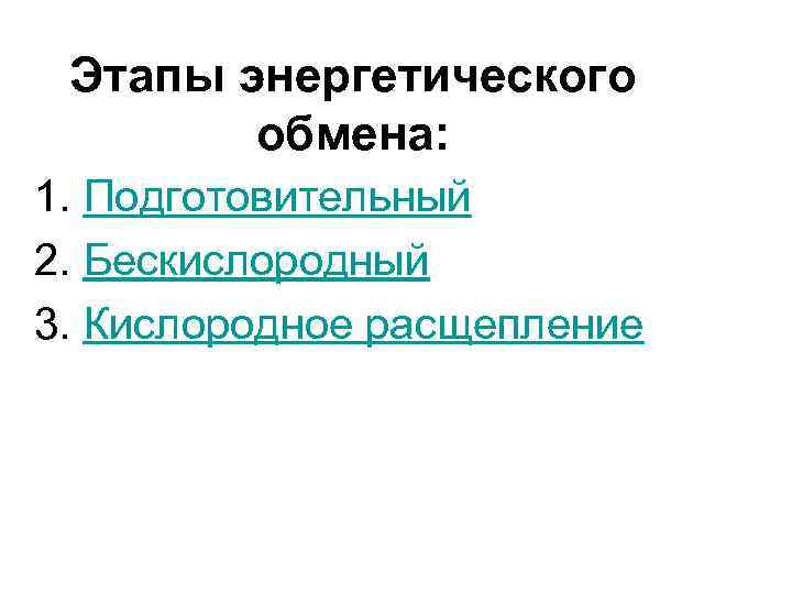 Этапы энергетического обмена: 1. Подготовительный 2. Бескислородный 3. Кислородное расщепление 