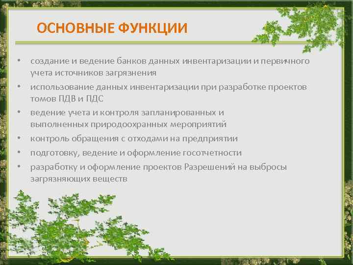 ОСНОВНЫЕ ФУНКЦИИ • создание и ведение банков данных инвентаризации и первичного учета источников загрязнения