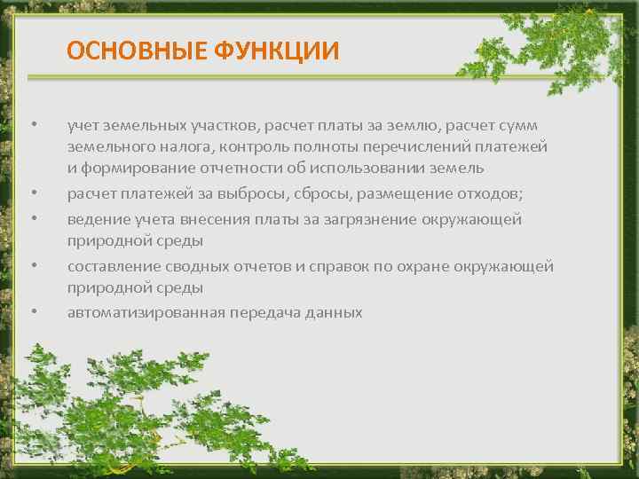 ОСНОВНЫЕ ФУНКЦИИ • • • учет земельных участков, расчет платы за землю, расчет сумм