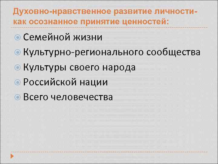 Духовно-нравственное развитие личностикак осознанное принятие ценностей: Семейной жизни Культурно-регионального сообщества Культуры своего народа Российской