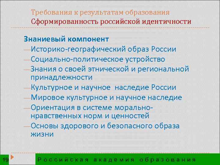Требования к результатам образования Сформированность российской идентичности Знаниевый компонент ¾Историко-географический образ России ¾Социально-политическое устройство