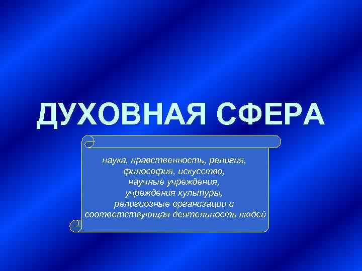 ДУХОВНАЯ СФЕРА наука, нравственность, религия, философия, искусство, научные учреждения, учреждения культуры, религиозные организации и
