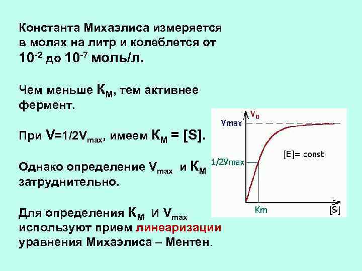 Константа Михаэлиса измеряется в молях на литр и колеблется от 10 -2 до 10