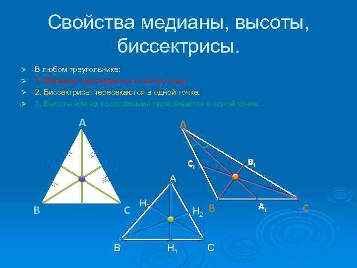 Свойства медианы, высоты, биссектрисы. В любом треугольнике: Ø 1. Медианы пересекаются в одной точке.