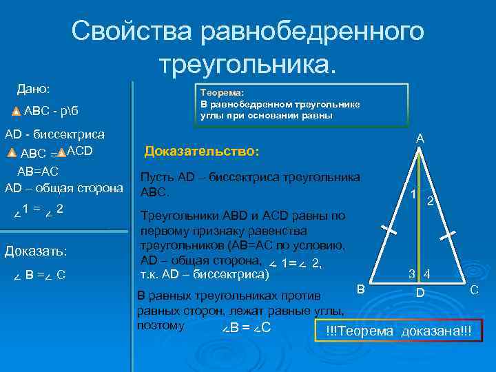 Свойства равнобедренного треугольника. Дано: ABC - рб AD - биссектриса ABC = ACD AB=AC