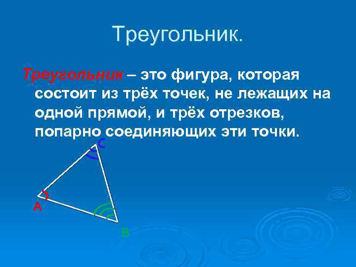 Треугольник – это фигура, которая состоит из трёх точек, не лежащих на одной прямой,