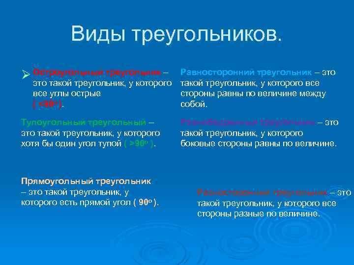 Виды треугольников. Ø Остроугольный треугольник – это такой треугольник, у которого все углы острые