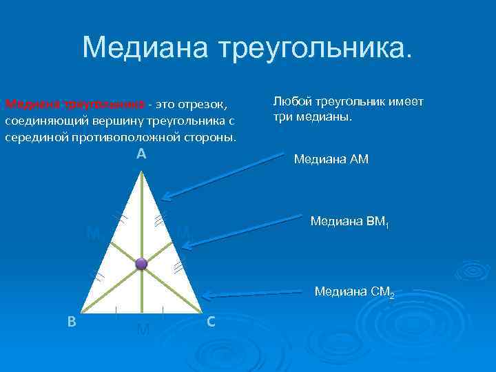 Медиана треугольника - это отрезок, соединяющий вершину треугольника с серединой противоположной стороны. А M