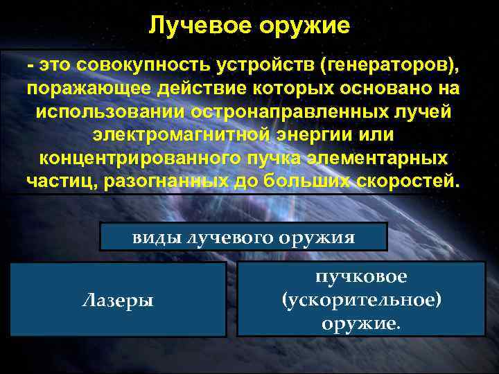 Лучевое оружие - это совокупность устройств (генераторов), поражающее действие которых основано на использовании остронаправленных