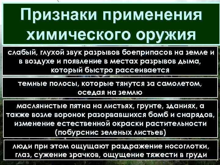 Признаки применения химического оружия слабый, глухой звук разрывов боеприпасов на земле и в воздухе